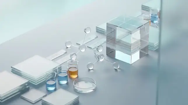 3D-рендер лабораторной посуды и стеклянных кубиков в холодных тонах