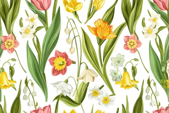 Иллюстрация с весенними тюльпанами, нарциссами и ландышами