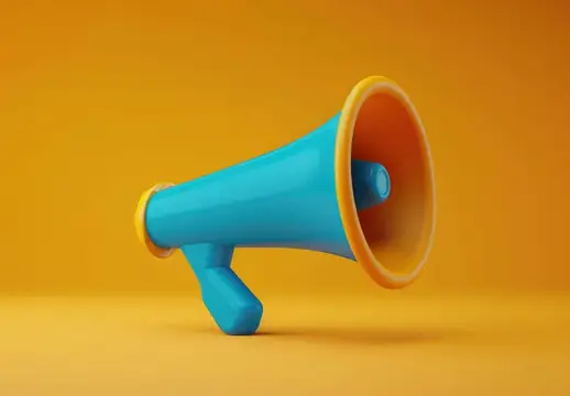 3D-рендер синего рупора на оранжевом фоне