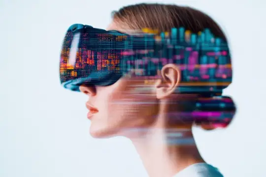 Женщина в VR-очках с эффектом цифрового искажения