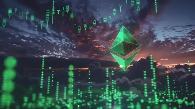 3D-рендер парящего зелёного кристалла на фоне вечернего неба и графиков