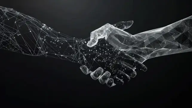 Стилизованные руки, сливающиеся в рукопожатии, представленные с помощью сетевых линий и точек, отражают технологии и связь