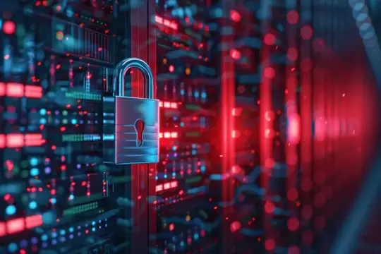 3D-рендер с навесным замком на фоне красных серверных стоек