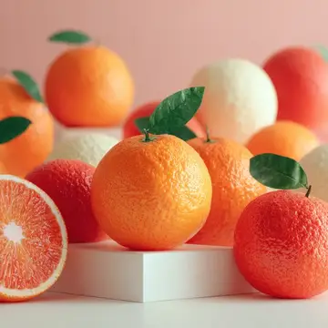 3D-рендер спелых цитрусовых с листьями на розовом фоне