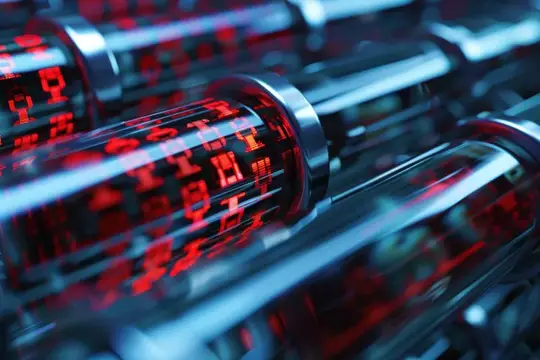 3D-рендер футуристичных стеклянных цилиндров с красными цифровыми кодами