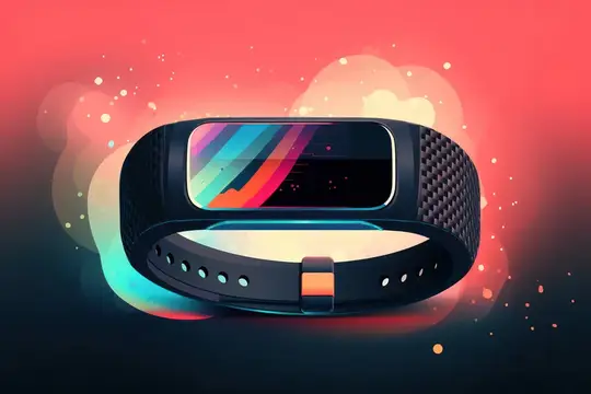 3D-рендер фитнес-браслета с ярким экраном на красочном фоне