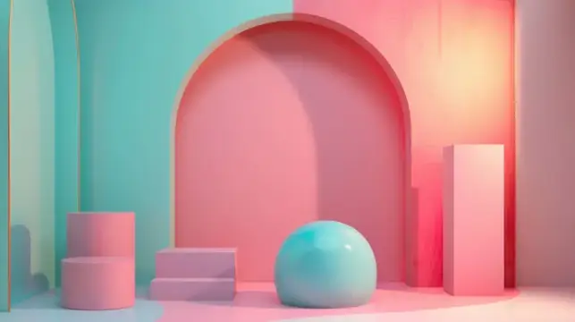 Пастельная розово-голубая 3D-визуализация уютной комнаты с яйцом на переднем плане