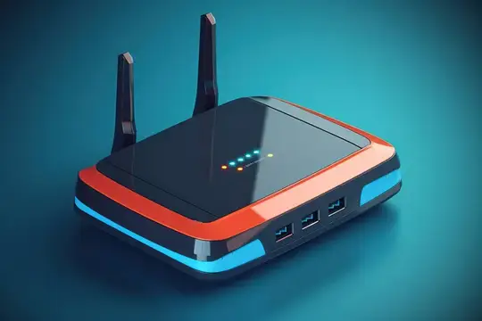 3D-рендер современного Wi-Fi роутера с антеннами на синем фоне