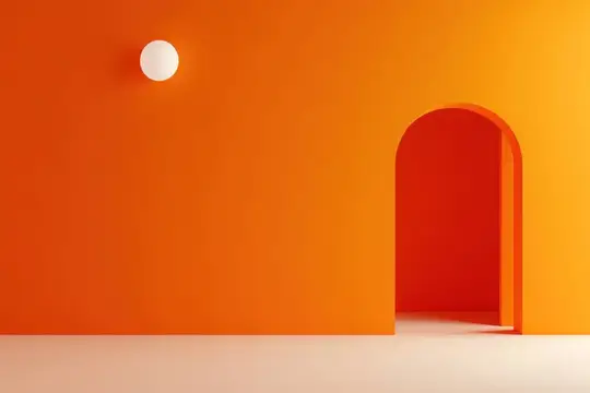 3D-рендер оранжевой стены с арочным проходом и круглым светильником