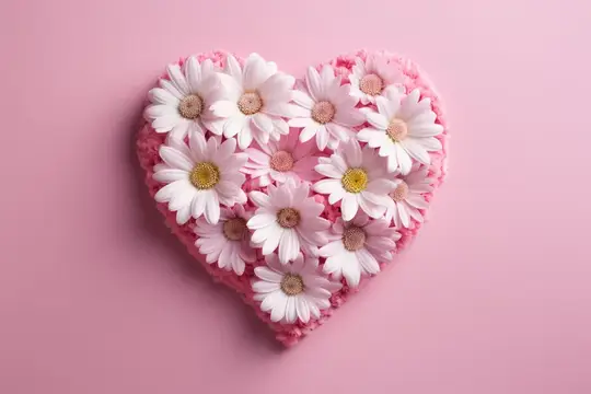 Сердце из белых ромашек на нежно-розовом фоне