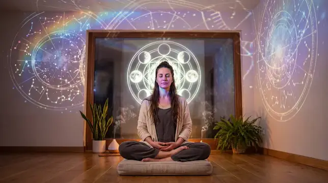 Женщина медитирует в позе лотоса среди светящихся мандал