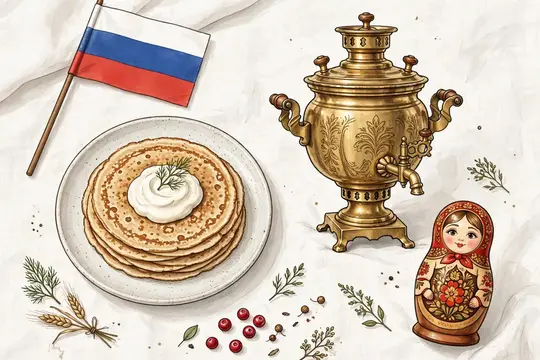 Иллюстрация с блинами, самоваром, матрёшкой и флагом России