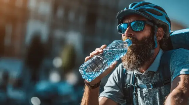 Бородатый велосипедист в шлеме пьёт воду из бутылки