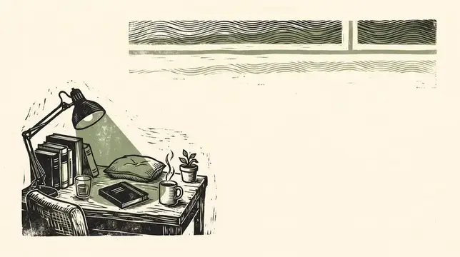 Иллюстрация с рабочим столом, книгами и лампой у окна