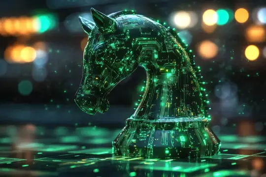 3D-рендер цифровой шахматной фигуры коня в зелёных огнях