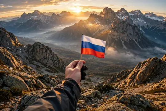 Рука с российским флагом на фоне заката в горах