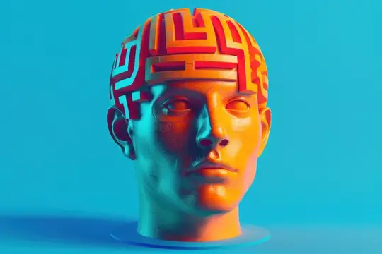 3D-рендер оранжевой головы с лабиринтом на макушке на синем фоне