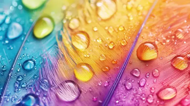 Радужное перо с каплями воды крупным планом