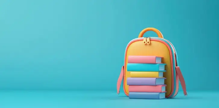 3D-рендер яркого школьного рюкзака с разноцветными книгами на бирюзовом фоне