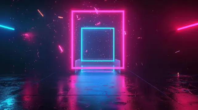 3D-рендер неоновых рамок с отражением на мокром полу