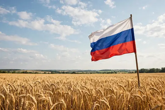 Российский флаг развевается над золотым пшеничным полем