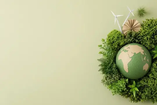 3D-рендер планеты Земля в зелёном мхе с бумажными ветряками