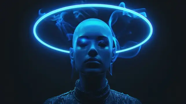 3D-рендер лысого мужчины с сияющим неоновым кольцом над головой