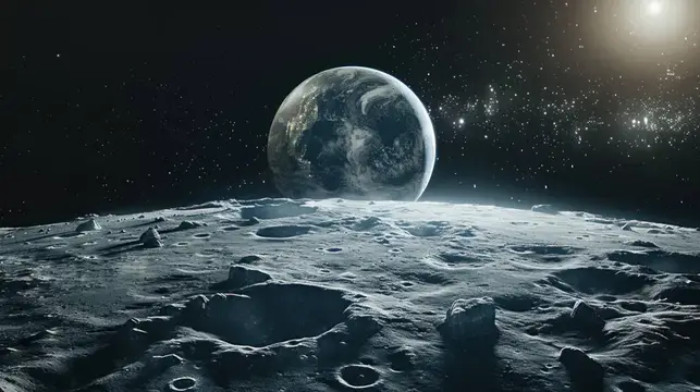 3D-рендер лунной поверхности с видом на Землю и звёздное небо