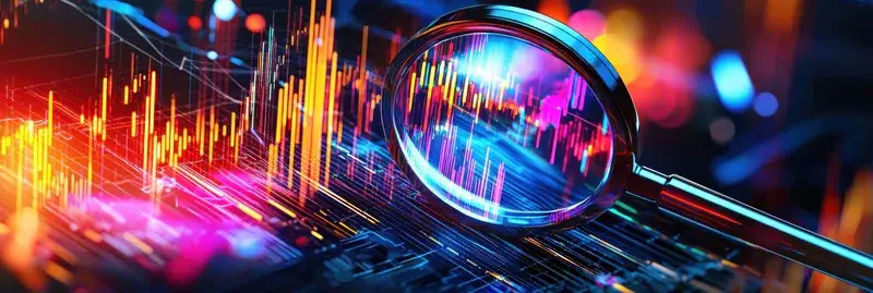 Лупа над неоновым графиком биржевых котировок