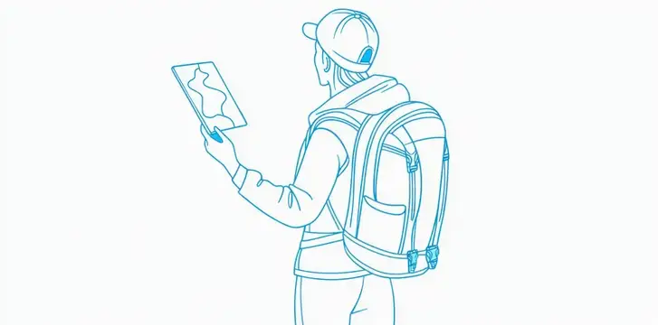 Иллюстрация путешественника с рюкзаком, смотрящего на карту