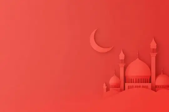 Красивая минималистичная иллюстрация на красном фоне с изображением мечети и полумесяца, вырезанных из бумаги