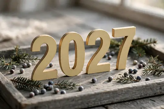 Золотые цифры 2027 на деревянном подносе с еловыми ветками