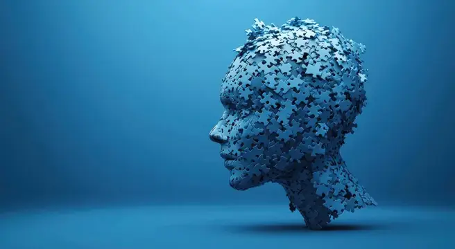 3D-рендер профиля головы из синих пазлов на синем фоне