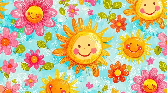 Иллюстрация с улыбающимися солнышками и яркими цветами