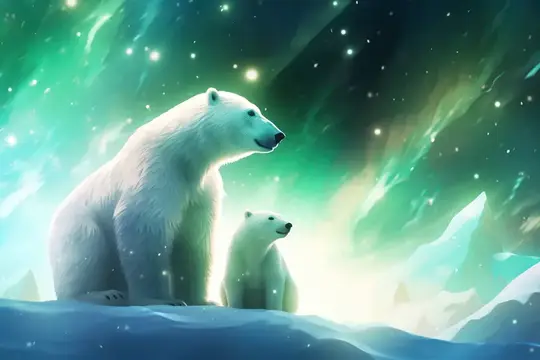 Иллюстрация с белой медведицей и медвежонком под северным сиянием