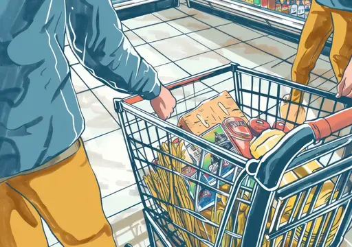 Иллюстрация с покупателем и полной тележкой продуктов в супермаркете
