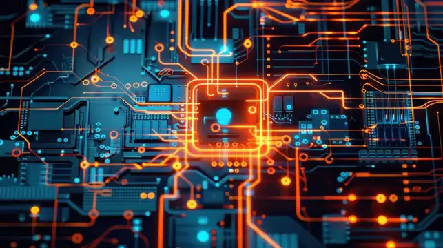 3D-рендер футуристической микросхемы с оранжевыми и синими дорожками