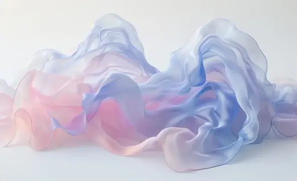 Эфирная волна из розовой и голубой ткани на белой поверхности в 3D-рендеринге, элегантная и мечтательная концепция текстильного искусства