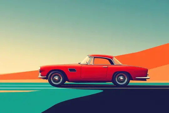 Выразительный винтажный красный автомобиль стоит на ярком фоне, излучая шарм и ностальгию