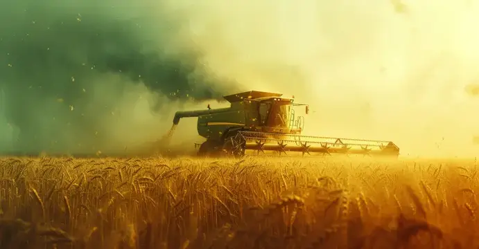 Комбайн убирает пшеницу в золотом поле на закате
