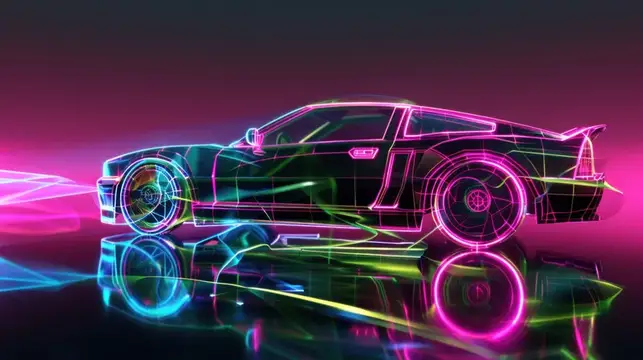 Неоновый контурный спортивный автомобиль на зеркальной поверхности