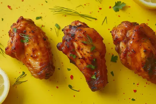 Вкусные куриные крылышки на гриле, приправленные лимоном и травами, на ярком желтом фоне