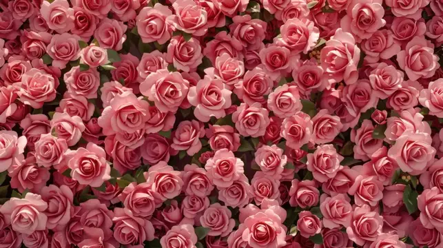 Плотный ковер из розовых роз с зелеными листьями