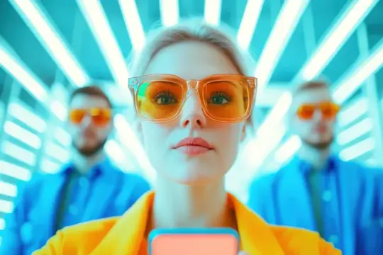 Светловолосая женщина в оранжевых очках на фоне неоновых огней