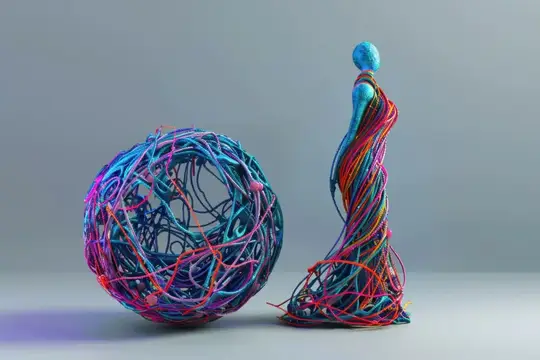Абстрактная скульптура из разноцветных нитей на сером фоне