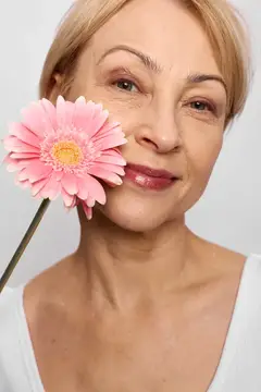 Светловолосая женщина с розовой герберой у лица