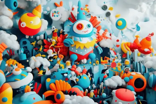 3D-рендер с красочными игрушечными монстрами в облаках