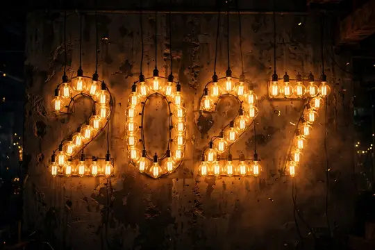 Гирлянда из лампочек складывается в число 2027 на бетонной стене