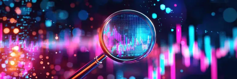 3D-рендер с лупой над неоновым графиком биржевых котировок