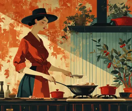 Счастливая домашняя кулинарка: молодая домохозяйка европейской внешности готовит органический овощной суп на кухне